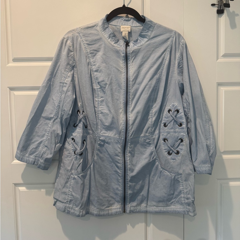 Zenergy by Chico's Garment-dyed lace-up jacket 3/4 Sleeve Sky Blue Size 2